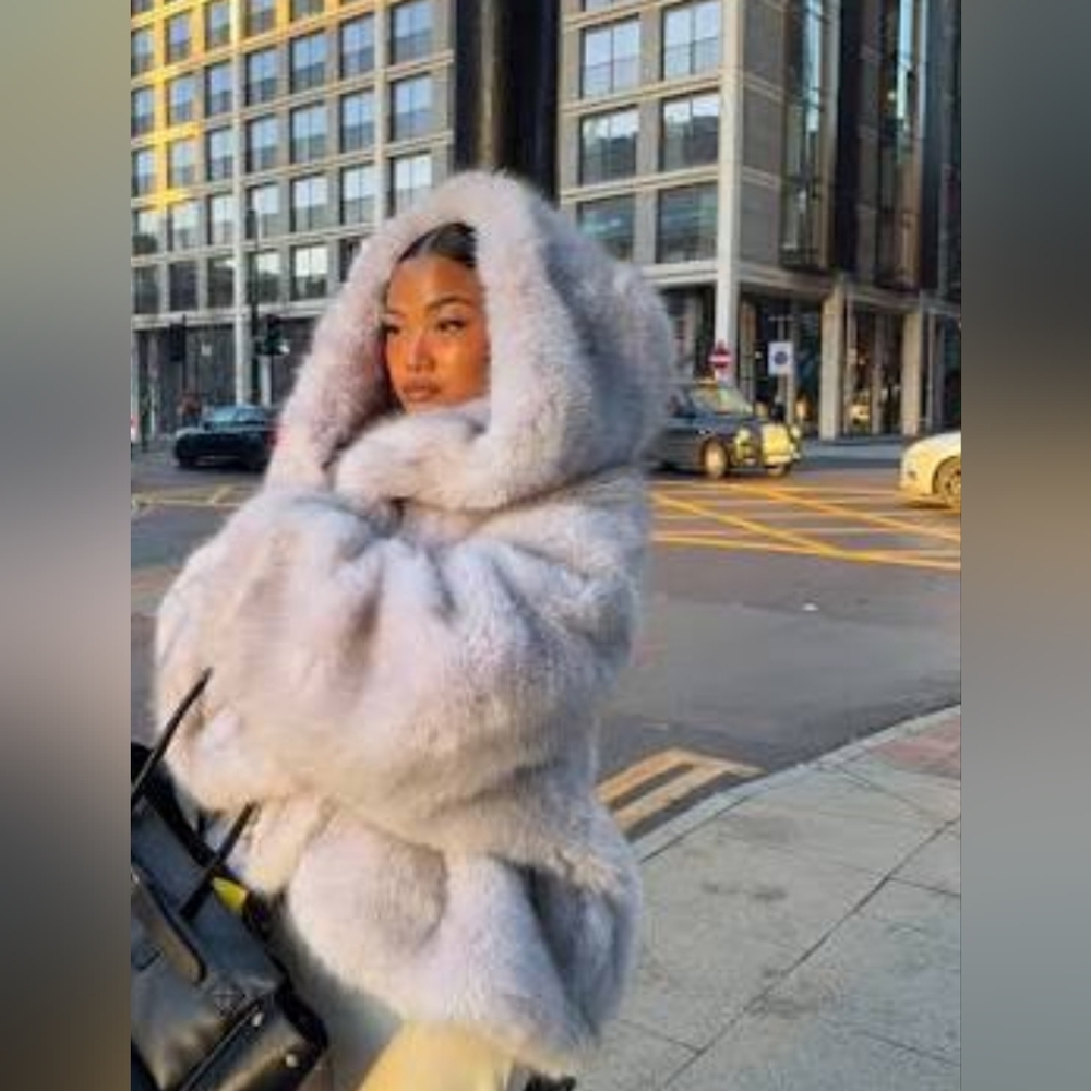 NEW! EGO Grey White Faux Fur Hooded Jacket